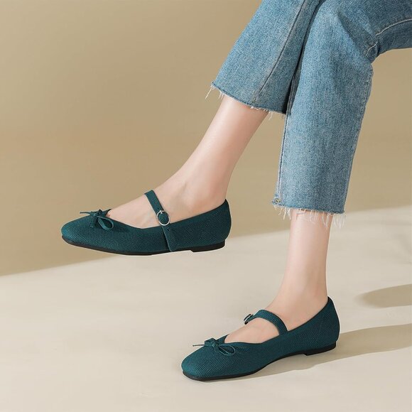 Women Dark Green Fabric Upper And Rubber Sole Ballet Flats With Ankle Strap - Picture 6 of 6
